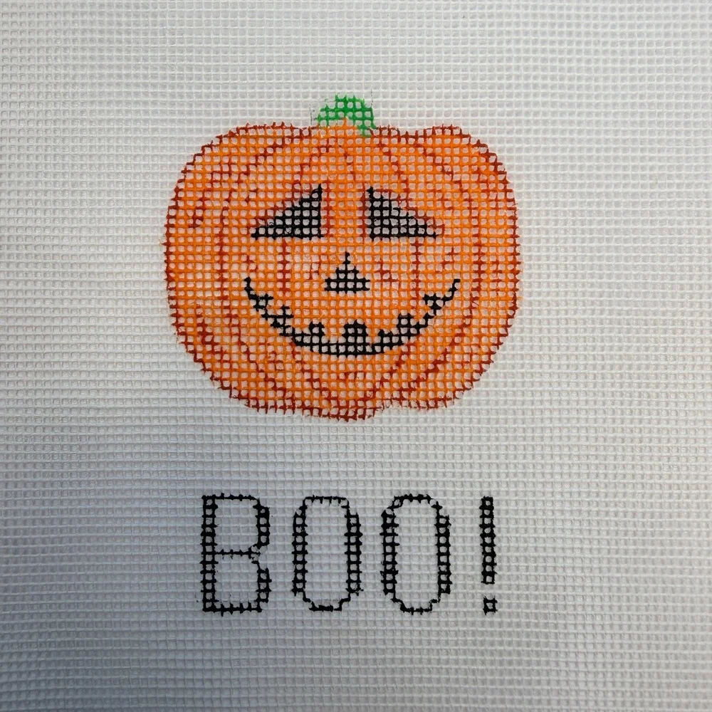 LG Needlepoint Canvas Pumpkin Boo Hand Painted Halloween Orange White LG 571